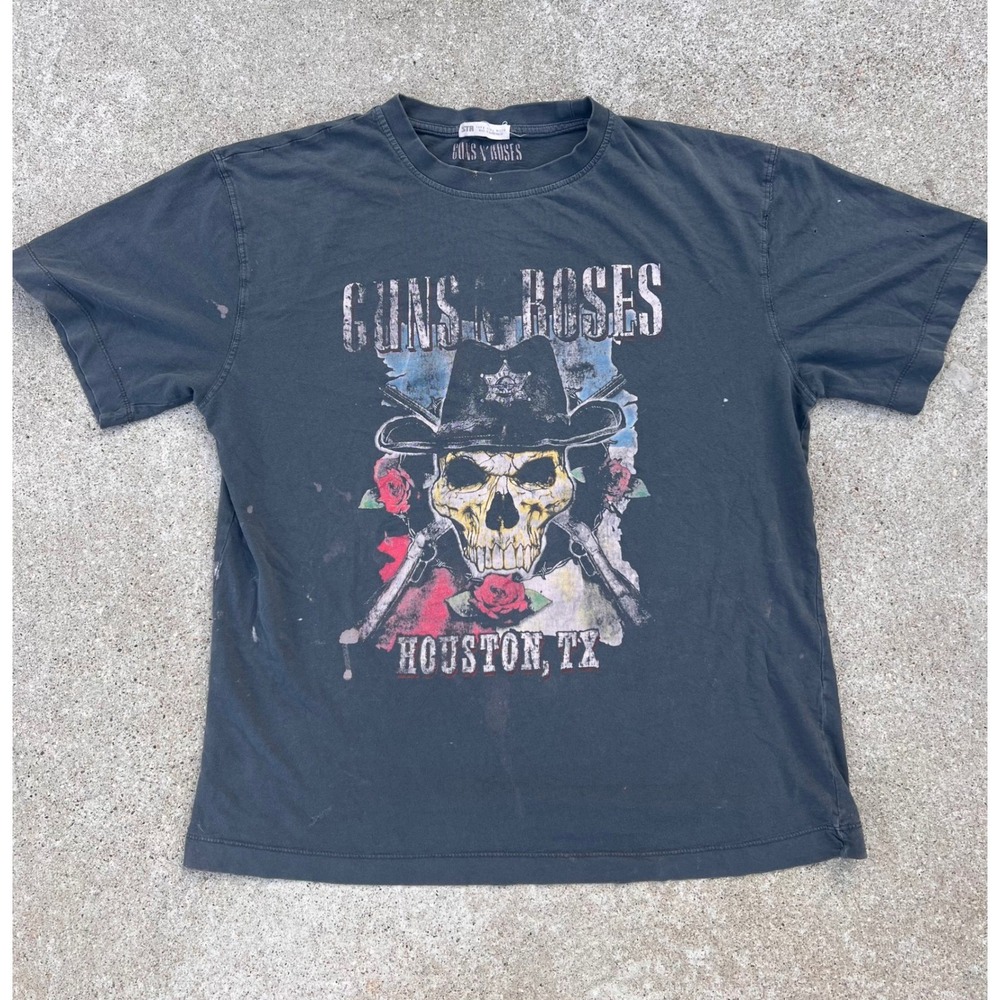Guns N Roses Houston TX Graphic T-Shirt Skull Band‎ Tee Rock Concert